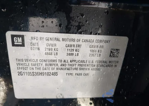 2017 Chevrolet Impala 1Lt z USA, uszkodzony, nr VIN 2G1105S36H9102485